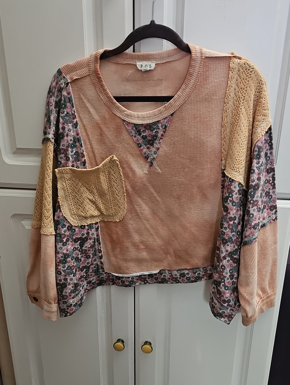 POL Patchwork Floral & Knit Peach Pink Sweatshirt